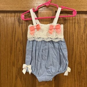 Bonnie Baby 6-9M Blue Romper Lace Coral Bow Bubble Outfit